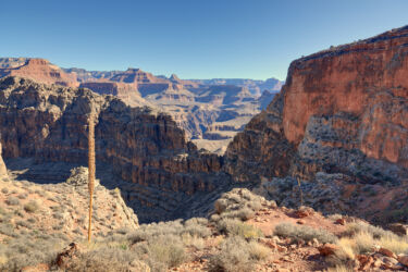 Looking down into the cut where our second steep descent brought us through the redwall